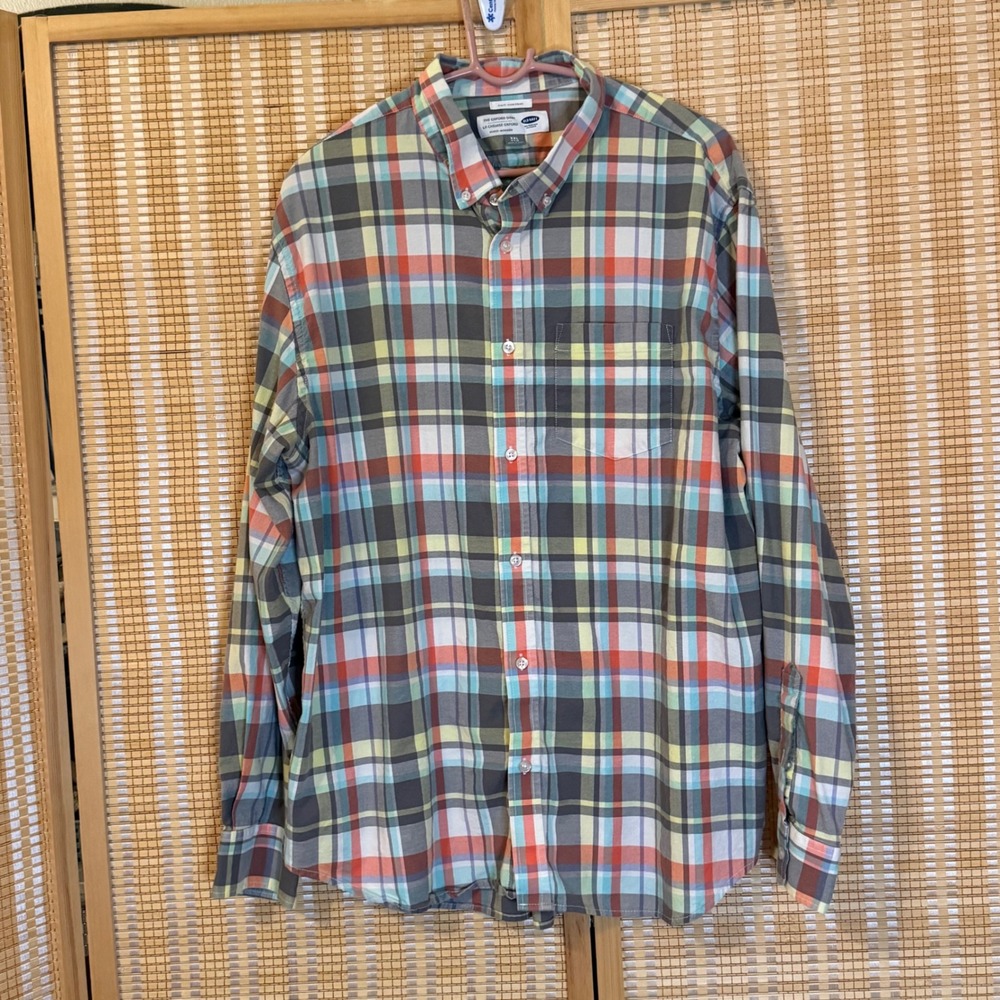 Old Navy Mens XXL Slim Fit Oxford Shirt Plaid Stretch Button Down Multi-Color